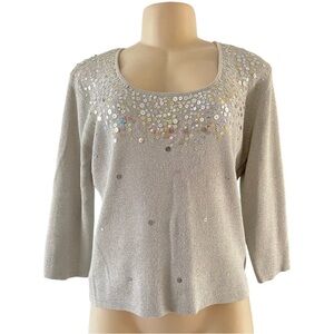 Joseph A. Silk Silver Metallic Sequins Scoop Neck‎ Long Sleeve Top